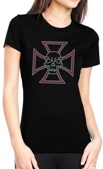Skull Ironcross Rhinestone Girls T-Shirt