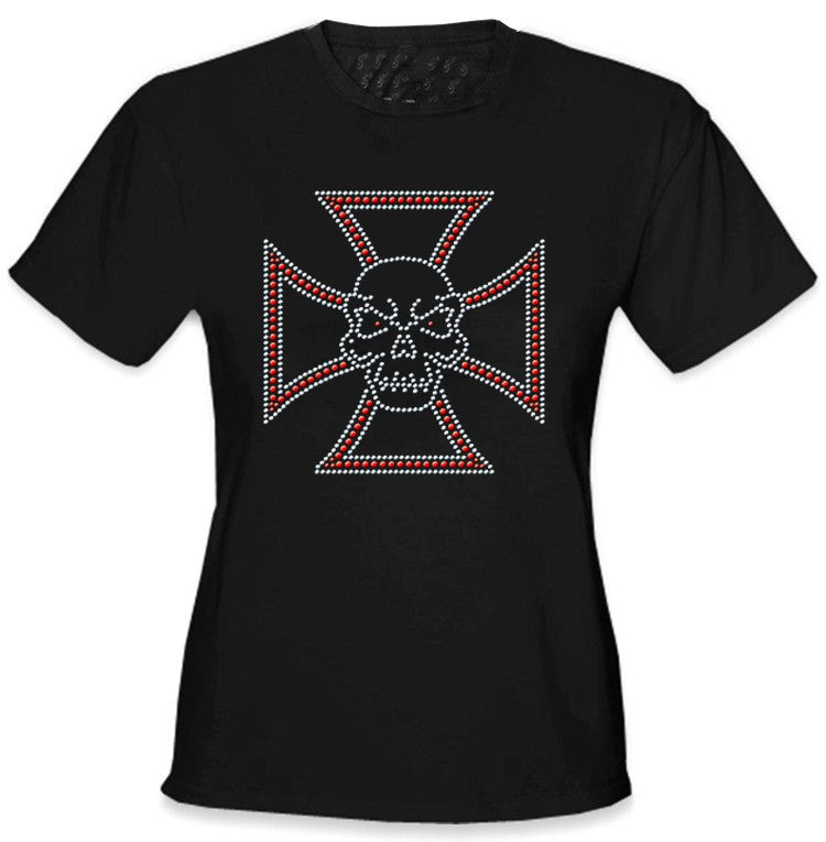 Skull Ironcross Rhinestone Girls T-Shirt