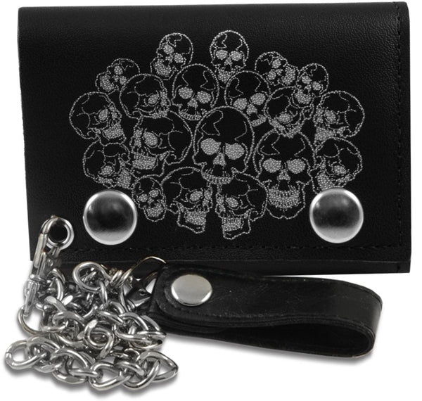 Genuine Leather Chain Wallet with Silver Skull Heads