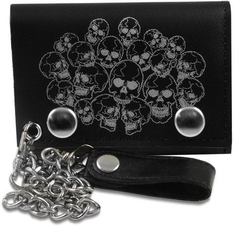 Genuine Leather Chain Wallet with Silver Skull Heads