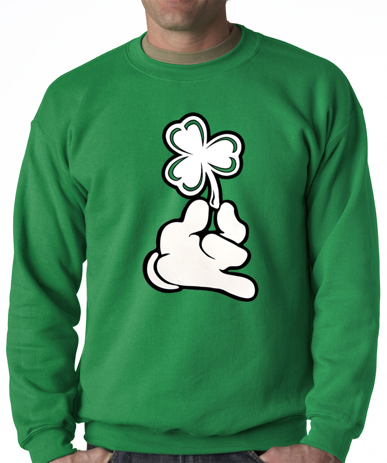 St. Patrick's Day Cartoon Hand Holding Shamrock Crewneck Sweatshirt