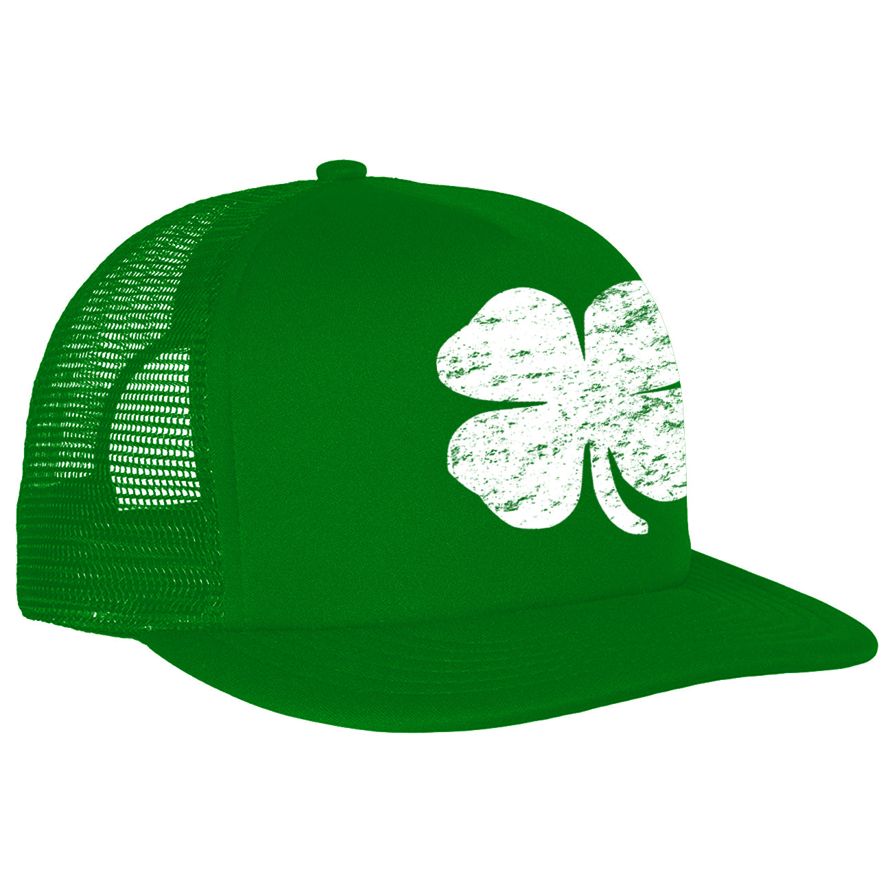 St. Patrick's Day Vintage Distressed 4 Leaf Clover Adjustable Trucker Hat (Kelly Green)