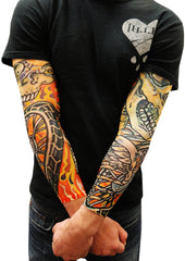 Tattoo Sleeves - Skull And Flames Biker Fake Tattoo Sleeves (Pair)