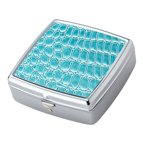 Teal Croc Pattern Iron Chrome Plated Square Shaped 2 Compartment Pill Box