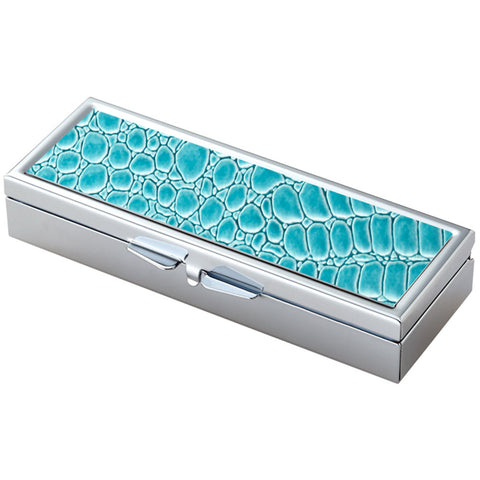Teal Croc Pattern with Mirror Iron Chrome Plated Rectangular 3 Compartment Pill Box