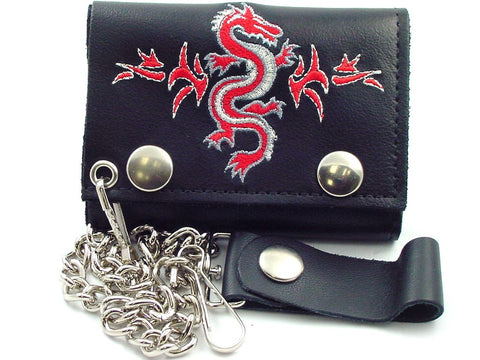 Tribal Dragon Embroidered Leather Chain Wallet