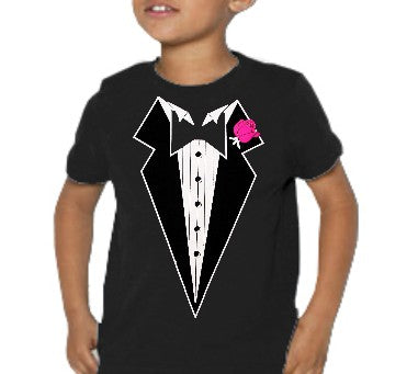 Tuxedo Shirts - Kids Size Tuxedo With Pink Flower T-Shirt (Black)