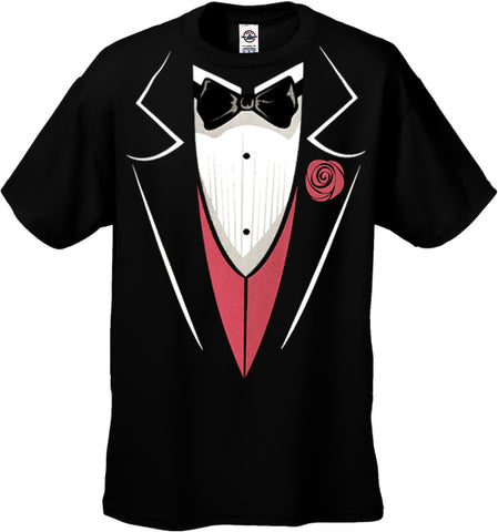 Tuxedo T-Shirts - Mens Tuxedo T-Shirt with Pink Vest and Flower (Black)