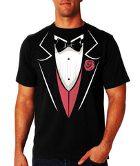 Tuxedo T-Shirts - Mens Tuxedo T-Shirt with Pink Vest and Flower (Black)