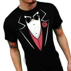 Tuxedo T-Shirts - Mens Tuxedo T-Shirt with Pink Vest and Flower (Black)