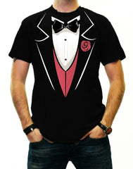 Tuxedo T-Shirts - Mens Tuxedo T-Shirt with Pink Vest and Flower (Black)