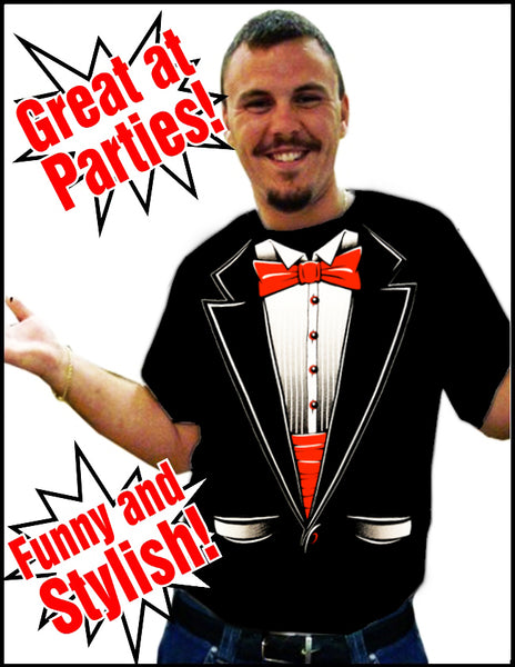 Tuxedo T-Shirts - Mens Tuxedo T-Shirt with Red bow tie and Cummerbund