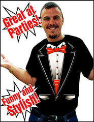 Tuxedo T-Shirts - Mens Tuxedo T-Shirt with Red bow tie and Cummerbund