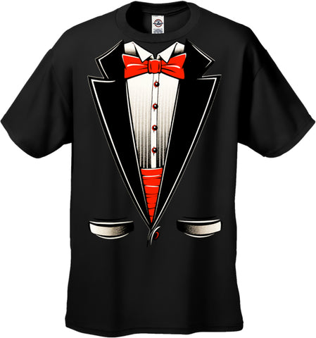 Tuxedo T-Shirts - Mens Tuxedo T-Shirt with Red bow tie and Cummerbund