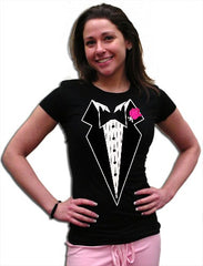 Tuxedo T-Shirts -Tuxedo With Pink Flower T-Shirt  in Juniors and Womens Sizes (Black)