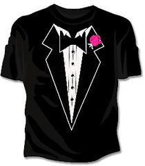 Tuxedo T-Shirts -Tuxedo With Pink Flower T-Shirt  in Juniors and Womens Sizes (Black)