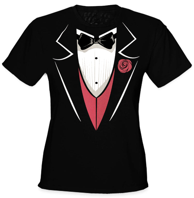 Tuxedo T-Shirts - Tuxedo With Pink Vest And Flower Girl's T-Shirt (Black)