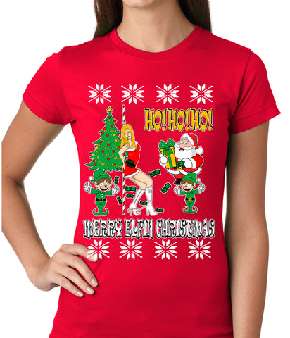 Ugly Christmas T-shirt - Santa and the Stripper Girls T-shirt