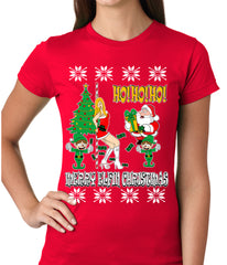 Ugly Christmas T-shirt - Santa and the Stripper Girls T-shirt