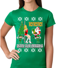 Ugly Christmas T-shirt - Santa and the Stripper Girls T-shirt