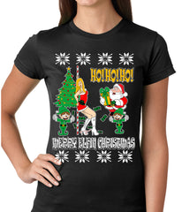 Ugly Christmas T-shirt - Santa and the Stripper Girls T-shirt
