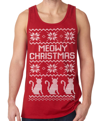 Ugly Christmas Tank Top - Meowy Christmas (White Print) 3 Cats Ugly Christmas Tank Top