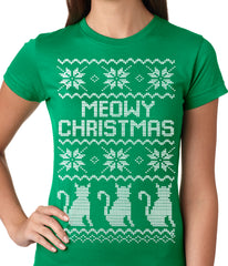 Ugly Christmas Tee - Meowy Christmas (White Print) 3 Cats Ugly Christmas Ladies T-shirt