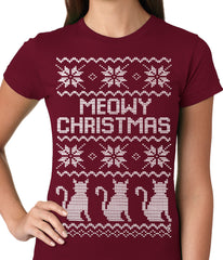 Ugly Christmas Tee - Meowy Christmas (White Print) 3 Cats Ugly Christmas Ladies T-shirt