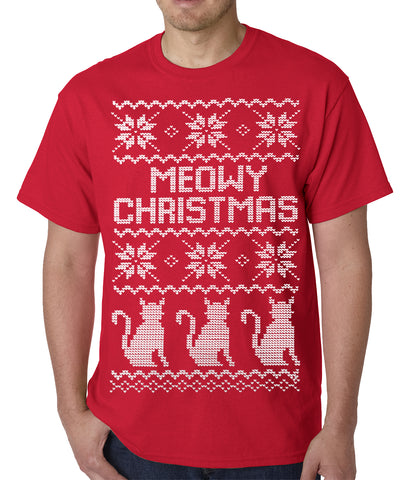 Ugly Christmas Tee - Meowy Christmas (White Print) 3 Cats Ugly Christmas Mens T-shirt