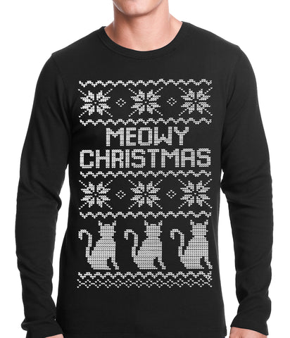 Ugly Christmas Thermal - Meowy Christmas (White Print) 3 Cats Ugly Christmas Thermal Shirt