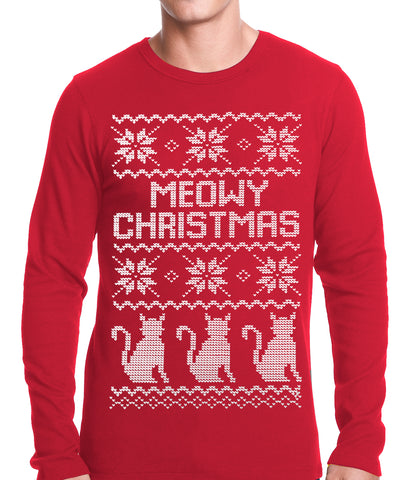 Ugly Christmas Thermal - Meowy Christmas (White Print) 3 Cats Ugly Christmas Thermal Shirt