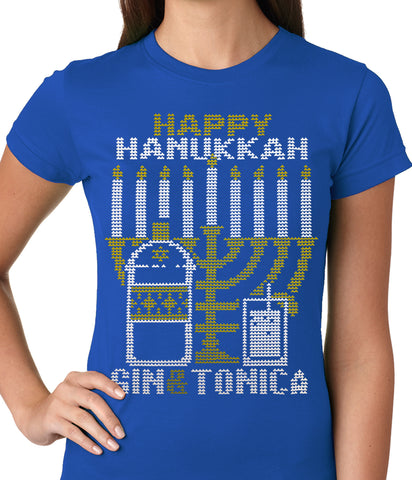 Ugly Hanukkah Tee - Gin and Tonica Golden Menorah Ugly Hanukkah Ladies T-shirt