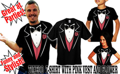 Tuxedo T-Shirts - Mens Tuxedo T-Shirt with Pink Vest and Flower (Black)