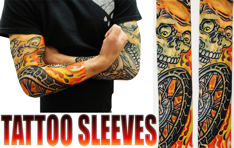 Skull And Flames Biker Fake Tattoo Sleeves (Pair)